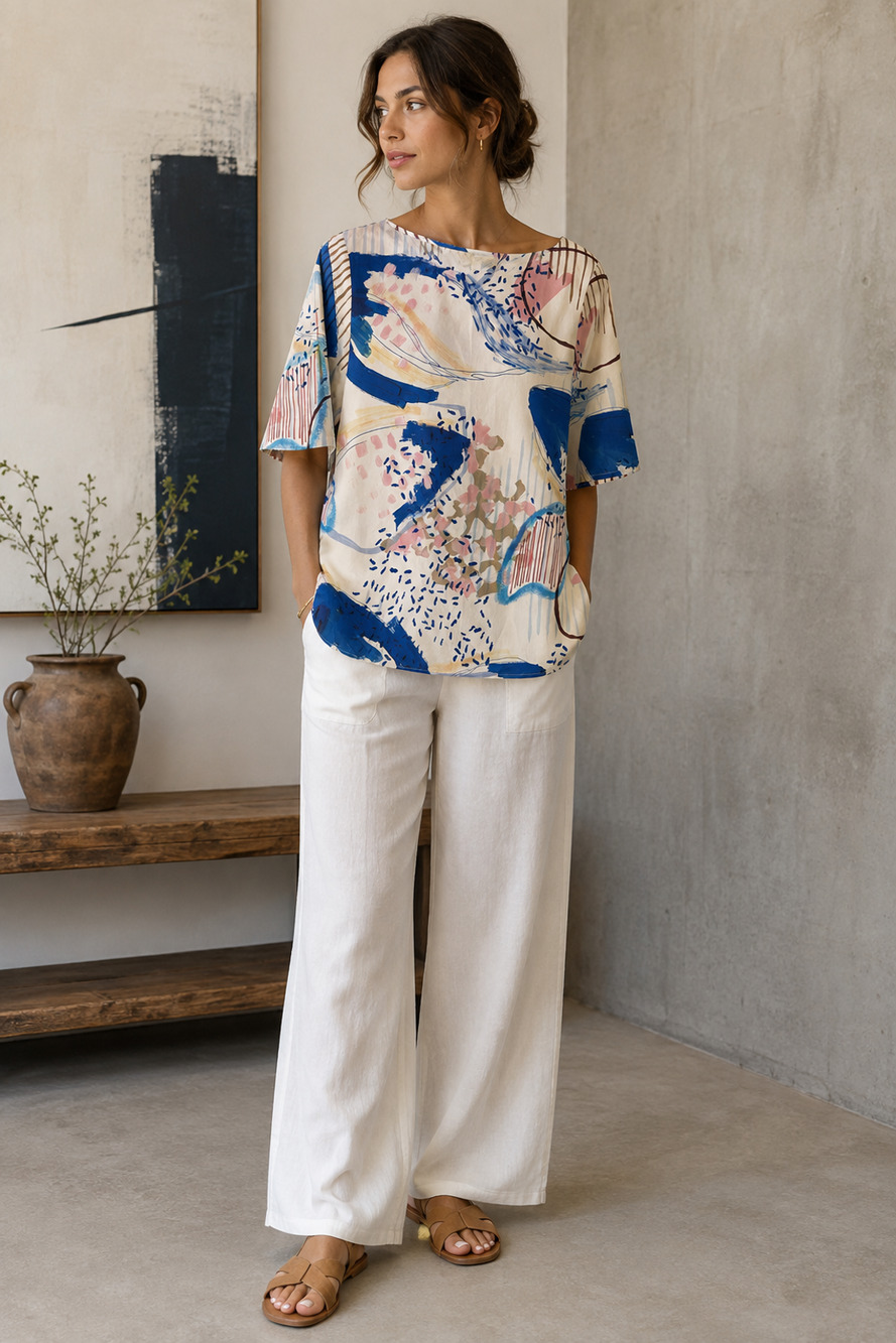 COS Abstract Art Print Cotton Tunic Top Size 6